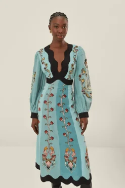 FARM Rio  Robes Midi<Robe mi-longue brodée à manches longues et fluide bleue