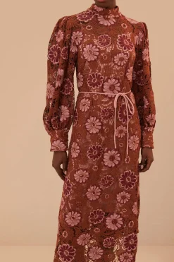 FARM Rio  Robes Midi<Robe mi-longue en guipure à tapisserie marron Gigi