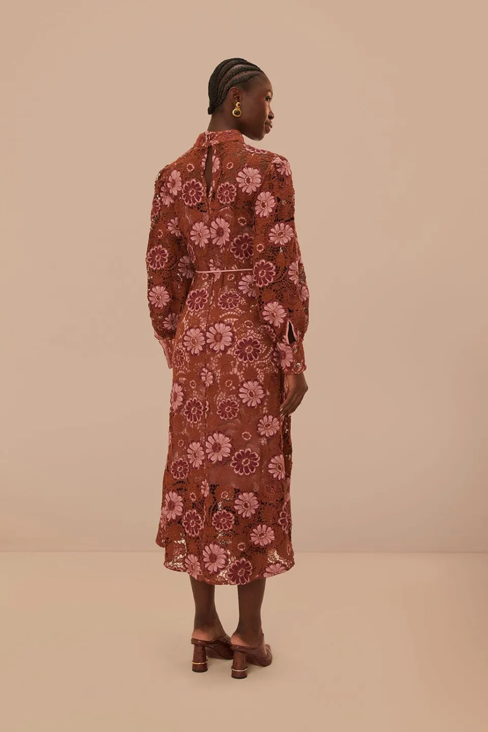 FARM Rio Robes Midi<Robe mi-longue en guipure à tapisserie marron Gigi