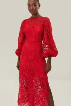 FARM Rio  Robes Midi<Robe mi-longue en guipure rouge Nature