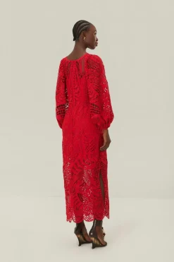 FARM Rio  Robes Midi<Robe mi-longue en guipure rouge Nature