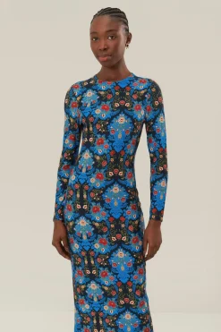 FARM Rio  Robes Midi<Robe mi-longue en jersey fleuri bleu arabesque LENZING™ ECOVERO™