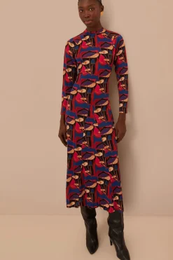 FARM Rio  Robes Midi<Robe mi-longue en jersey noir à imprimé champignons sauvages