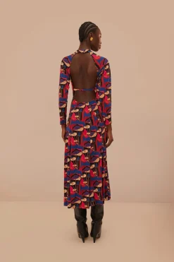 FARM Rio Robes Midi<Robe mi-longue en jersey noir à imprimé champignons sauvages