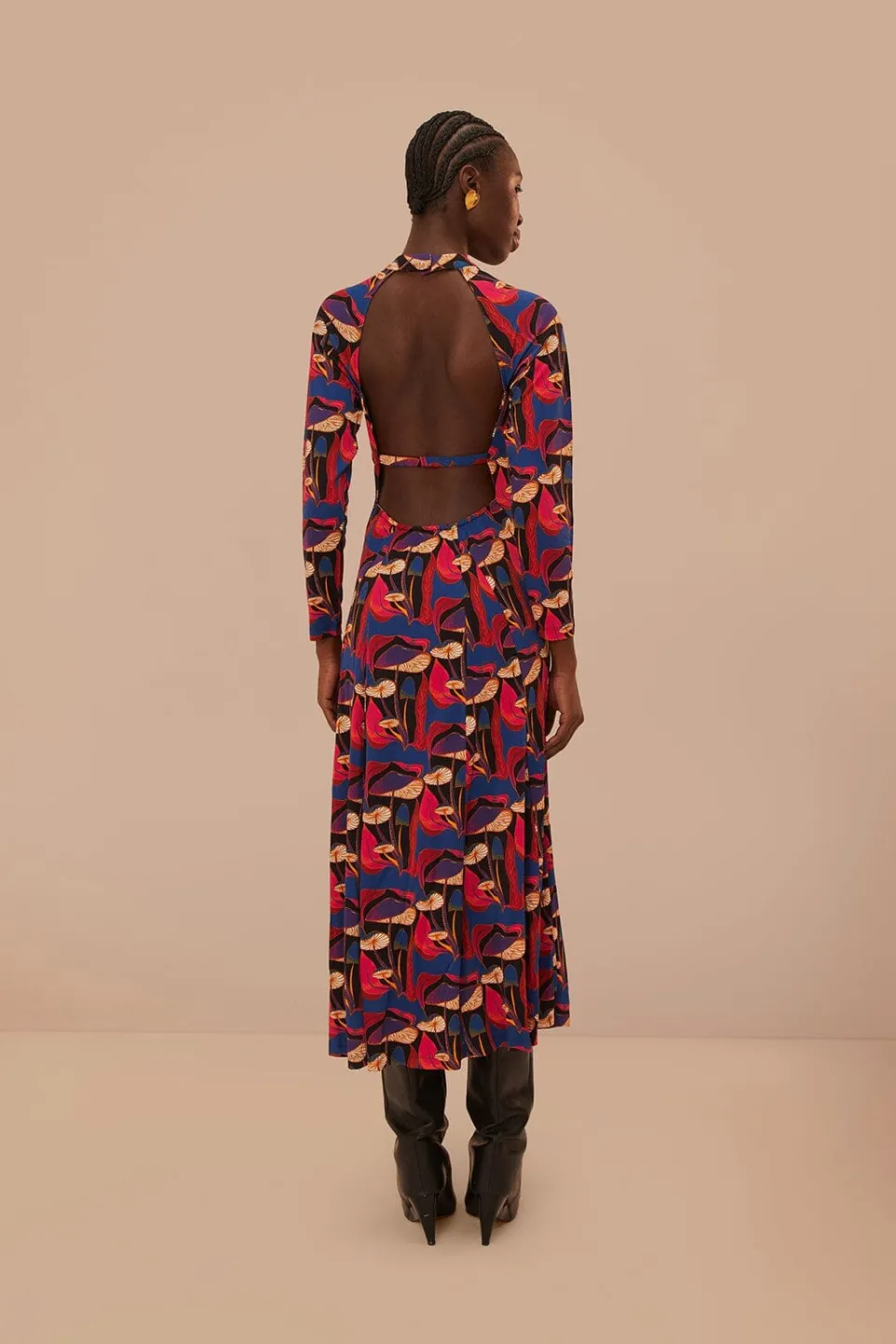FARM Rio Robes Midi<Robe mi-longue en jersey noir à imprimé champignons sauvages