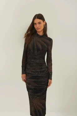 FARM Rio  Robes Midi<Robe mi-longue en tulle à feuillage doré noir