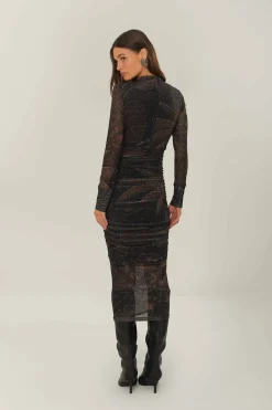 FARM Rio  Robes Midi<Robe mi-longue en tulle à feuillage doré noir