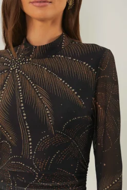 FARM Rio  Robes Midi<Robe mi-longue en tulle à feuillage doré noir