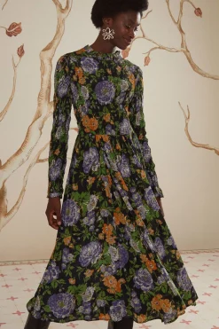 FARM Rio  Robes Midi<Robe mi-longue fleurie noire à manches longues Capri