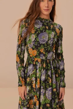 FARM Rio  Robes Midi<Robe mi-longue fleurie noire à manches longues Capri