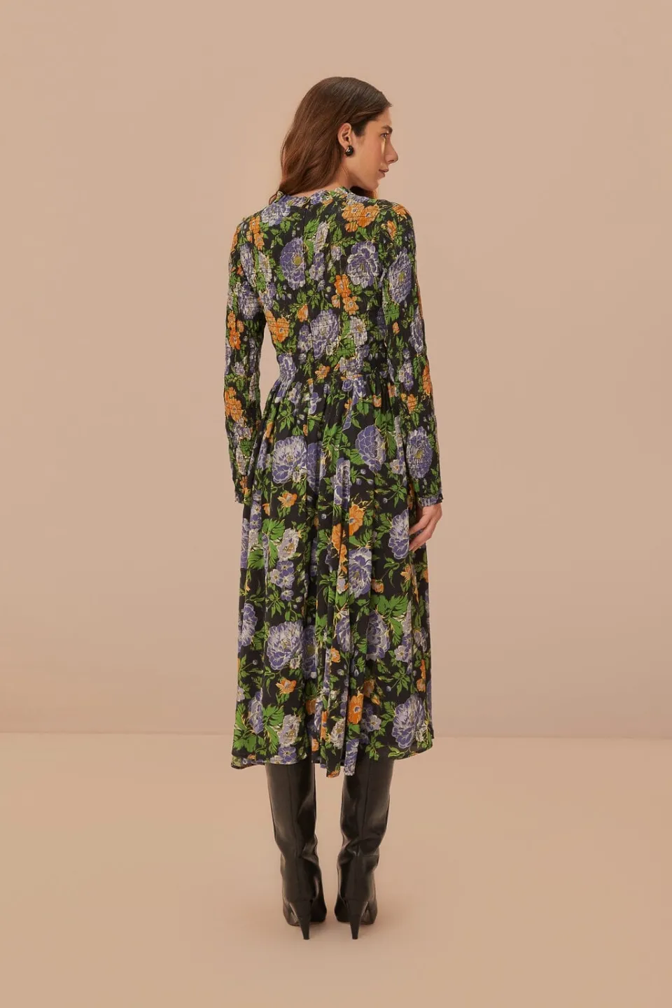 FARM Rio Robes Midi<Robe mi-longue fleurie noire à manches longues Capri