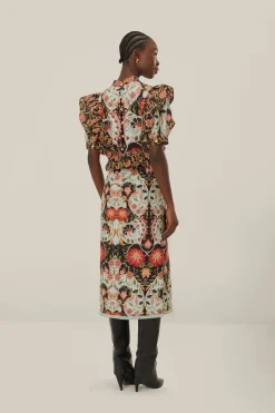 FARM Rio Robes Midi<Robe mi-longue fluide à manches courtes bleue