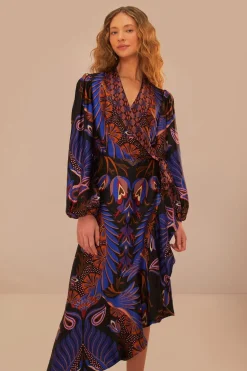 FARM Rio  Robes Midi<Robe mi-longue noire à manches longues Heart Forest