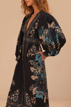 FARM Rio Robes Midi<Robe mi-longue noire à motif tapisserie fleurie