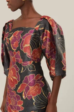 FARM Rio  Robes Midi<Robe mi-longue noire brillante à manches courtes Chita