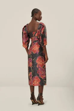 FARM Rio  Robes Midi<Robe mi-longue noire brillante à manches courtes Chita