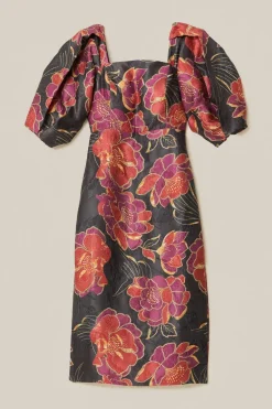 FARM Rio  Robes Midi<Robe mi-longue noire brillante à manches courtes Chita