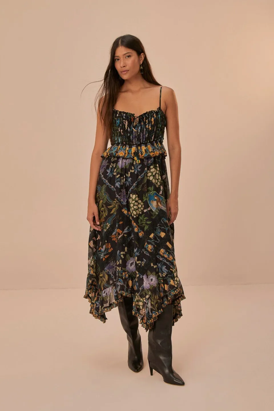 FARM Rio Robes Midi<Robe mi-longue plissée noire en dentelle sans manches Winter Garden
