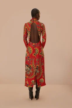FARM Rio Robes Midi<Robe mi-longue rouge à découpes fleuries en viscose LENZING™ ECOVERO™
