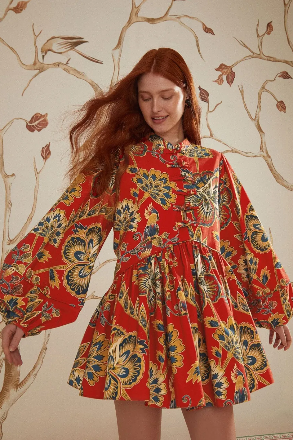 FARM Rio Robes Courtes<Robe mini à manches longues et imprimé floral rouge