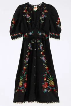 FARM Rio  Robes Longues<Robe noire à col en V | Détails du point de croix