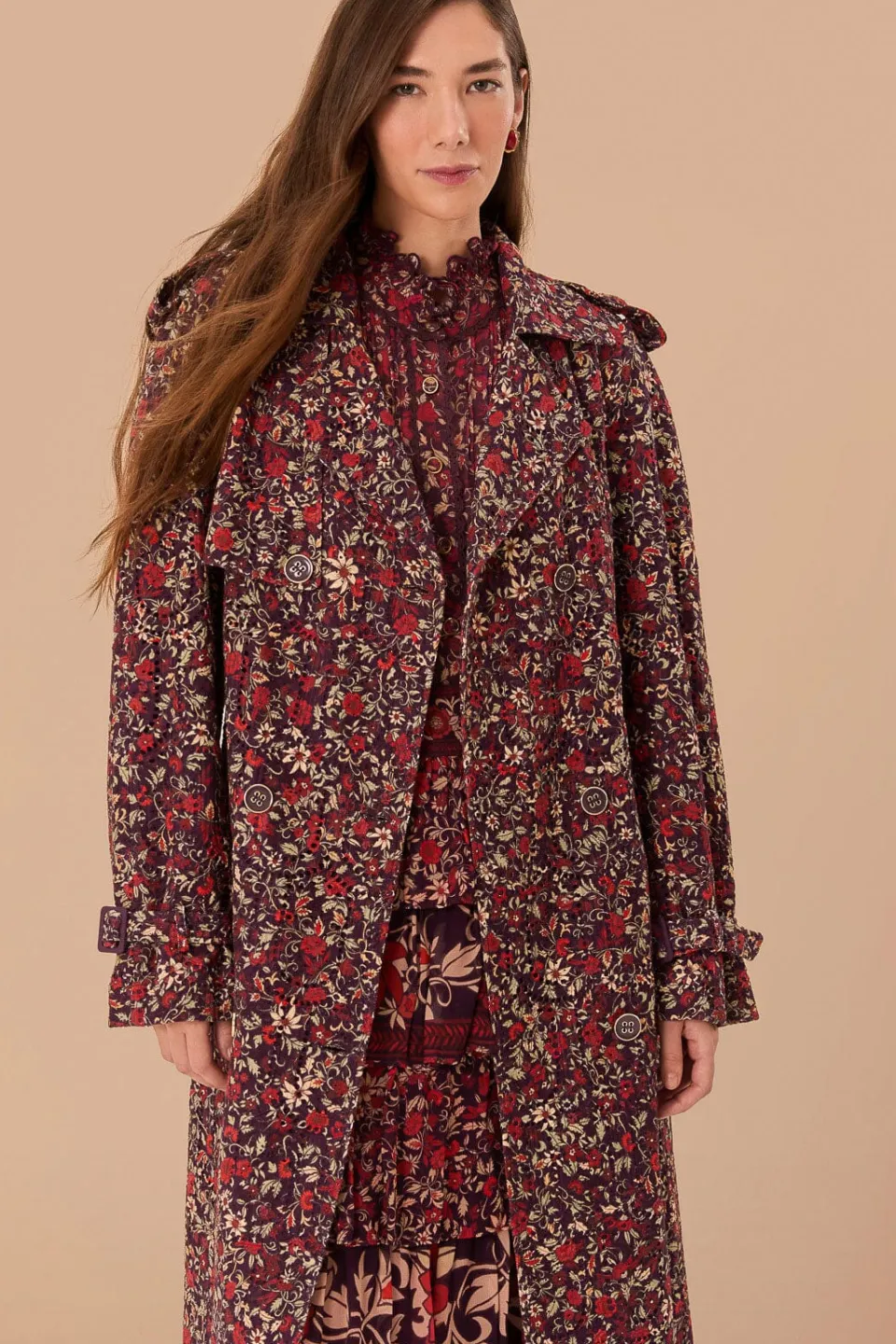 FARM Rio Manteaux<Trench-coat à œillets en coton violet Chelsea Garden